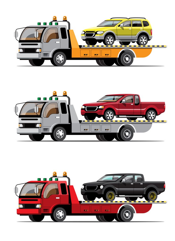 set of towing car trucking auto transport vector illustration
